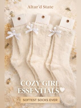 Altar’d State Ivory Fuzzy Crew Socks Set of 3 NWT Pearl Bow Cozy Soft